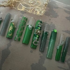 Custom XL Press On Clear Full Set Green Apple